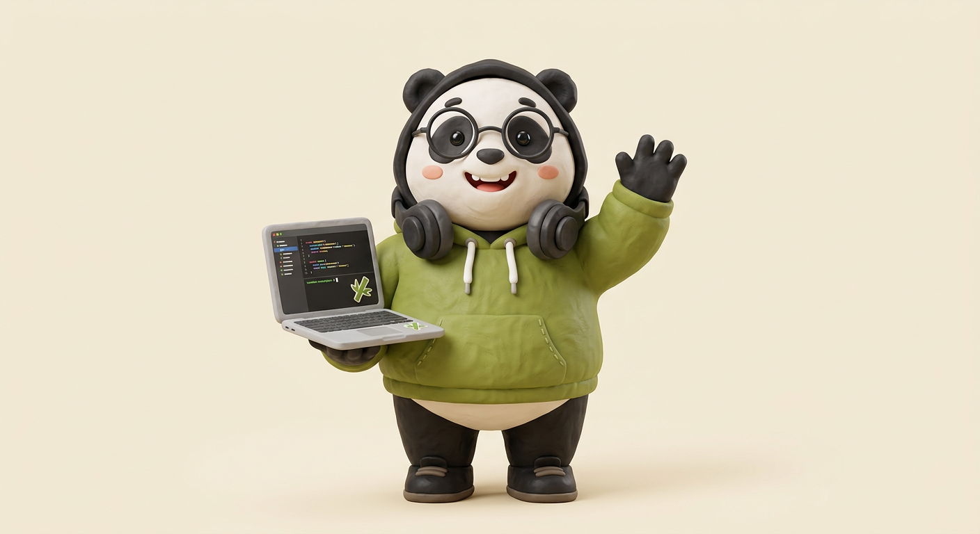 Pando, un panda programador con buzo verde y anteojos, saludando con una laptop en la mano